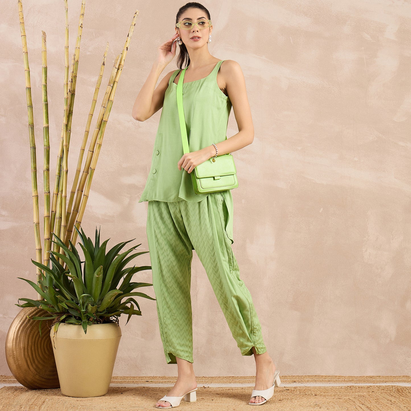 Pastel Green High-Low Sleeveless Top and Trouser Set