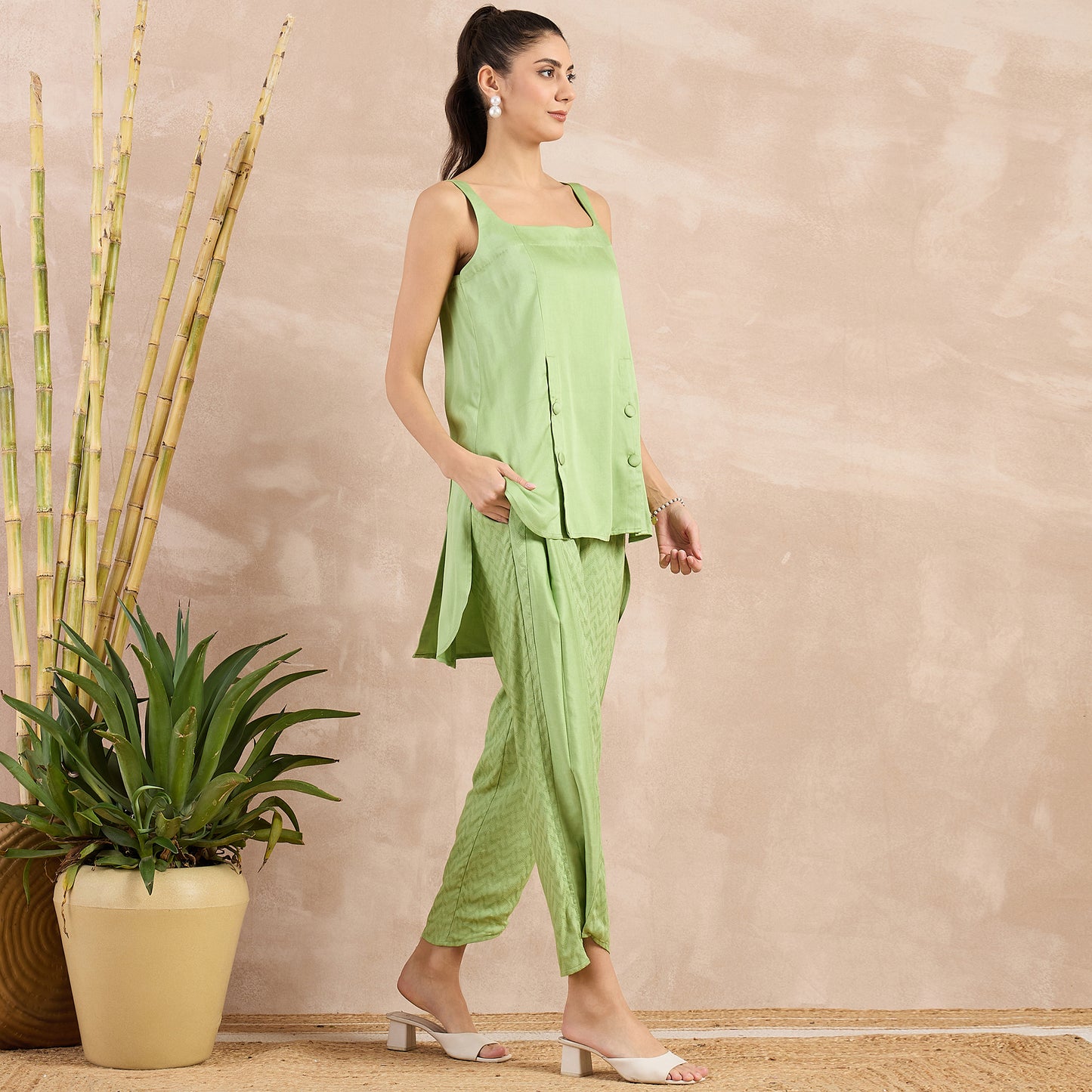 Pastel Green High-Low Sleeveless Top and Trouser Set