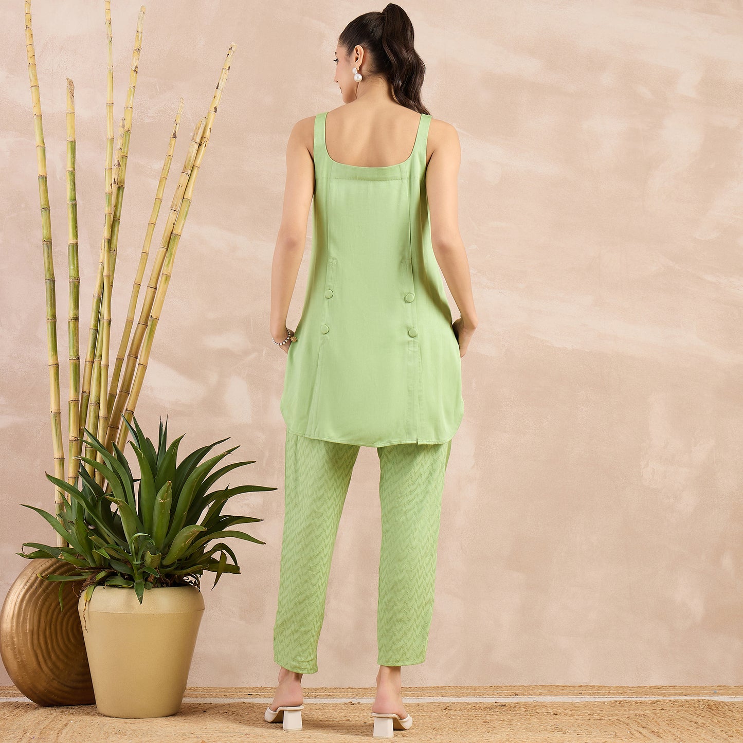 Pastel Green High-Low Sleeveless Top and Trouser Set