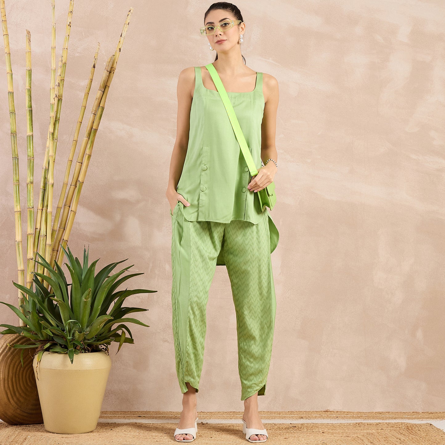 Pastel Green High-Low Sleeveless Top and Trouser Set