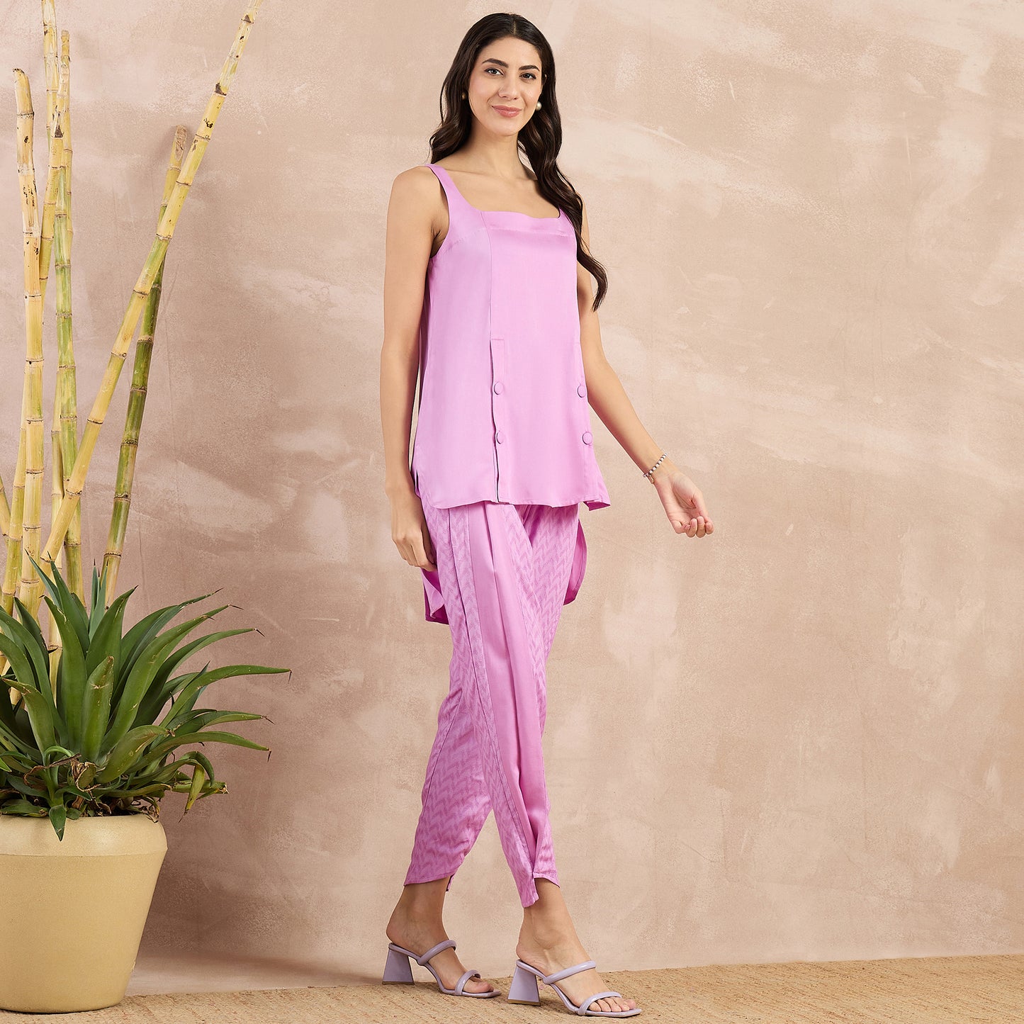 Purple High-Low Sleeveless Top and Trouser Set