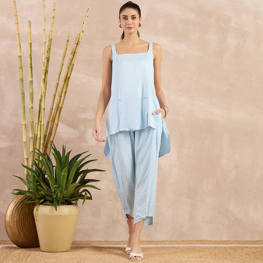 Sky Blue High-Low Sleeveless Top and Trouser Set