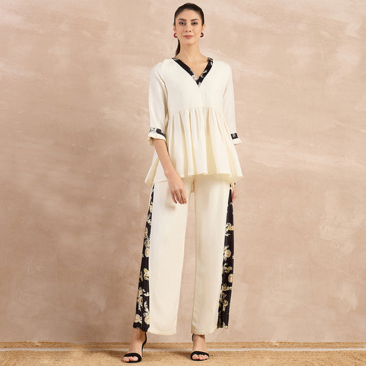 Off-White and Black Baroque Printed Linen Co-ordinate Set