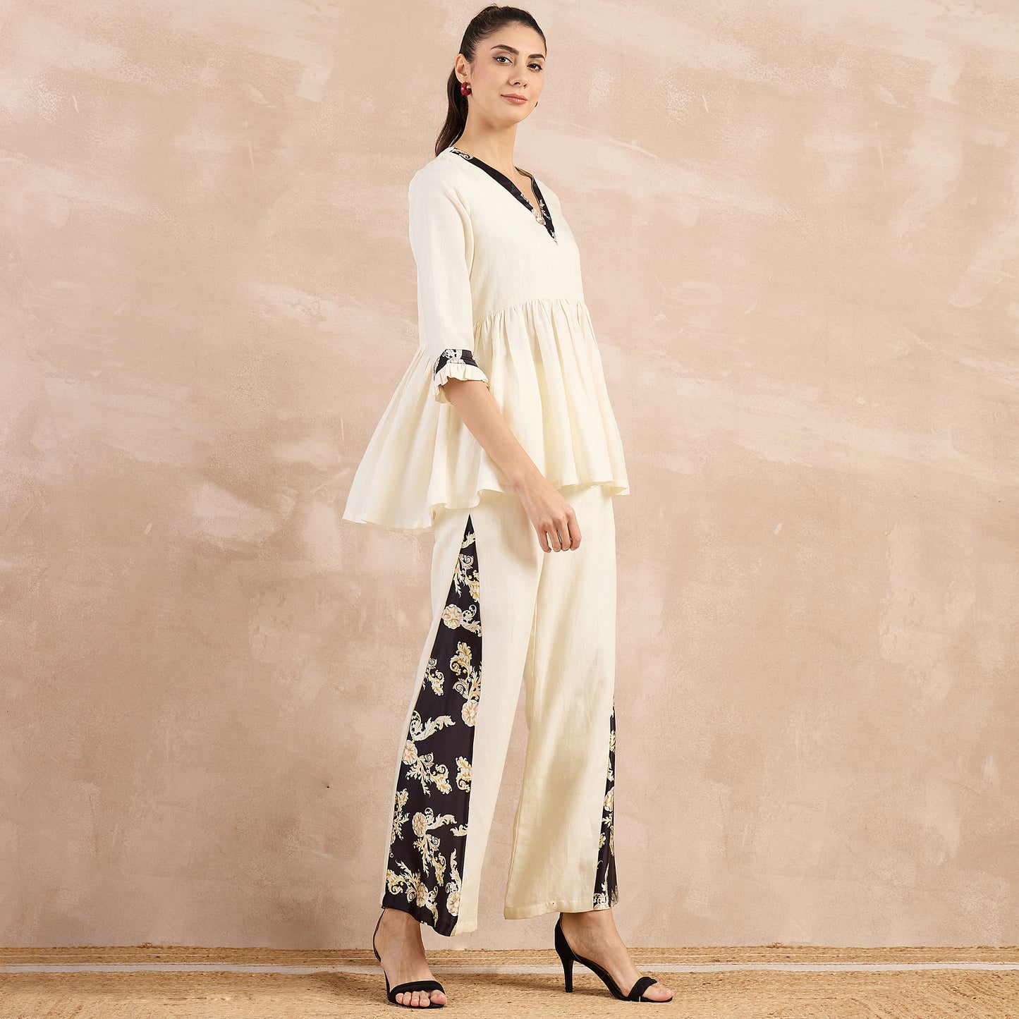 Off-White and Black Baroque Printed Linen Co-ordinate Set