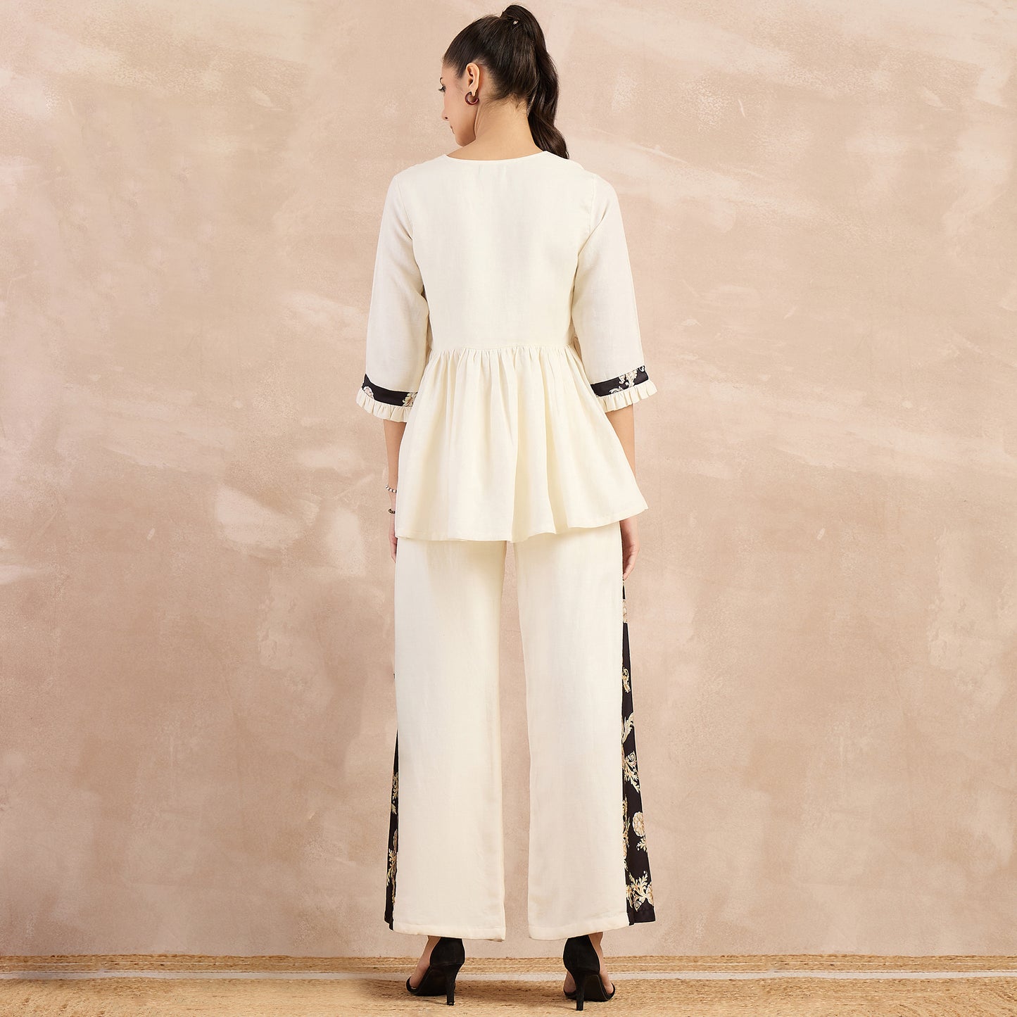 Off-White and Black Baroque Printed Linen Co-ordinate Set