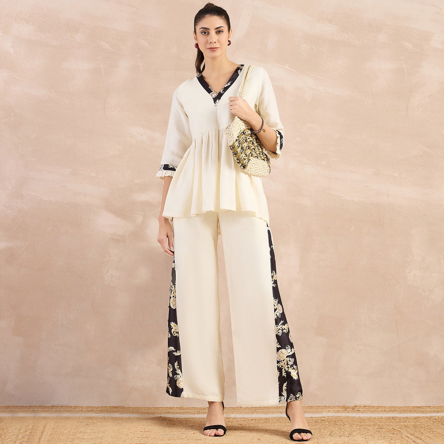 Off-White and Black Baroque Printed Linen Co-ordinate Set