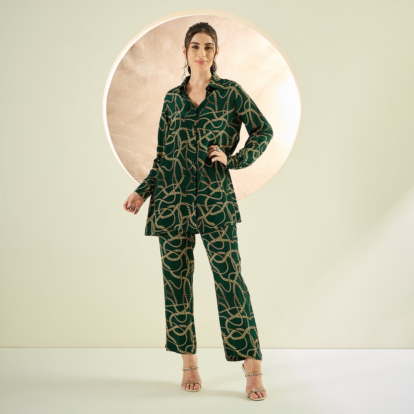 Forest Green Chain Print Shirt and Pants Co-ord Set