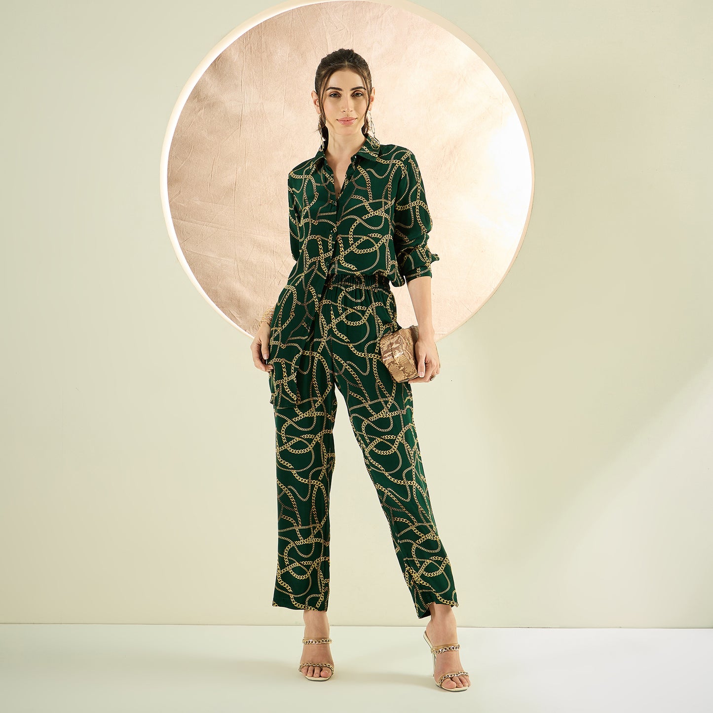 Forest Green Chain Print Shirt and Pants Co-ord Set