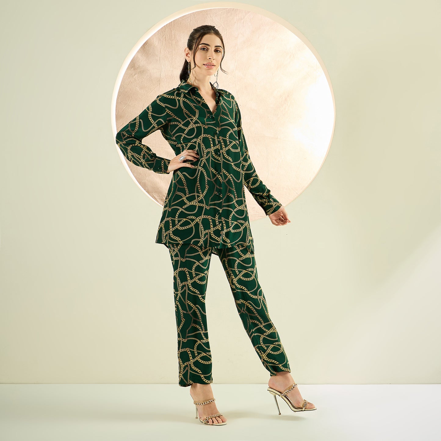 Forest Green Chain Print Shirt and Pants Co-ord Set