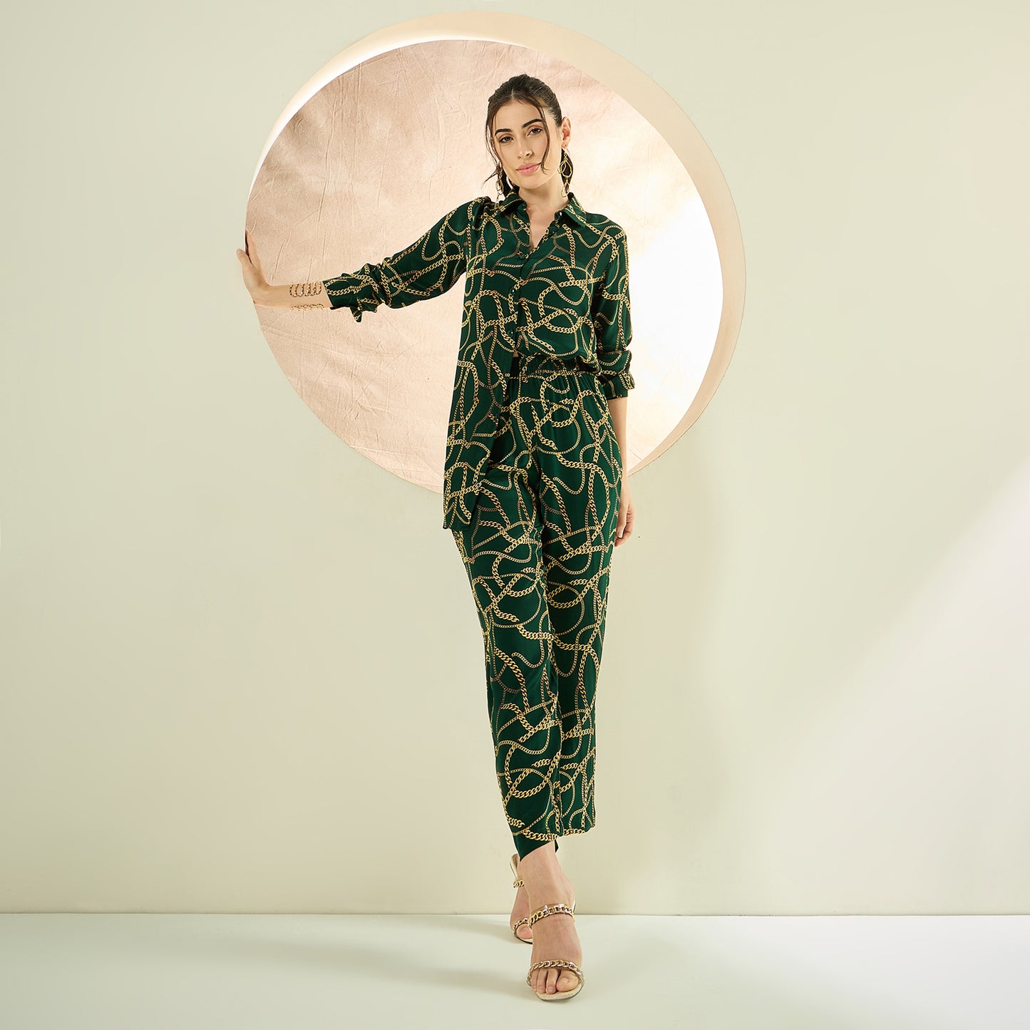 Forest Green Chain Print Shirt and Pants Co-ord Set