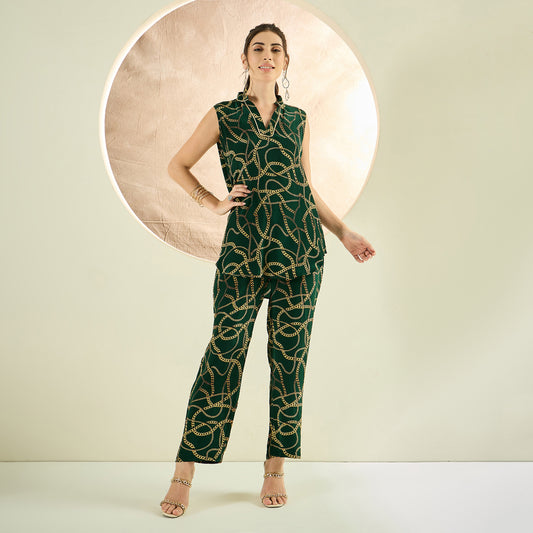 Forest Green Chain Print Sleeveless Top and Pants Co-ord Set