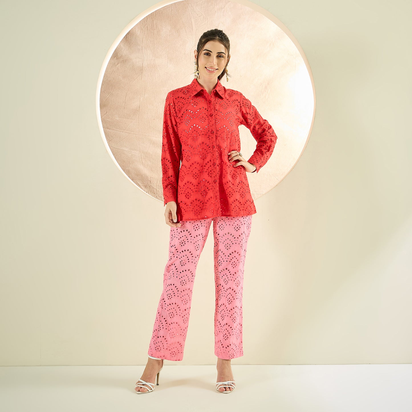 Red and Pink Eyelet Shirt and Pants Co-ord Set