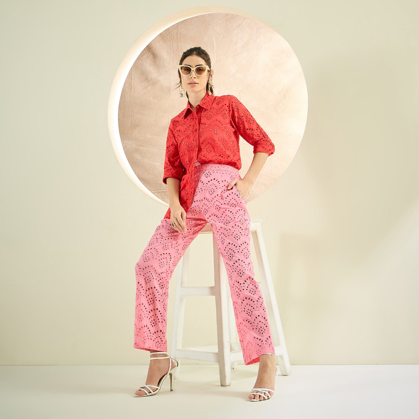 Red and Pink Eyelet Shirt and Pants Co-ord Set