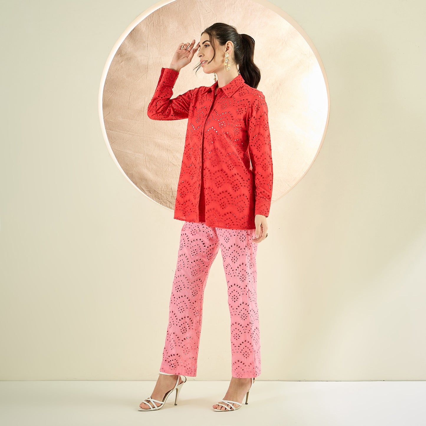 Red and Pink Eyelet Shirt and Pants Co-ord Set