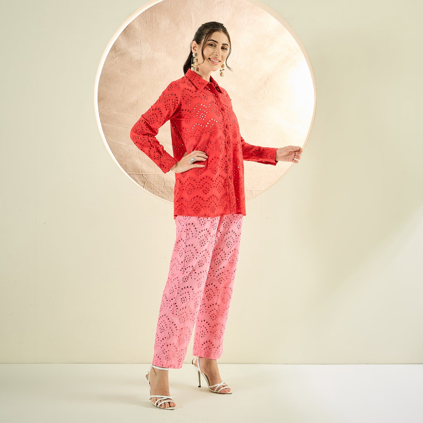 Red and Pink Eyelet Shirt and Pants Co-ord Set