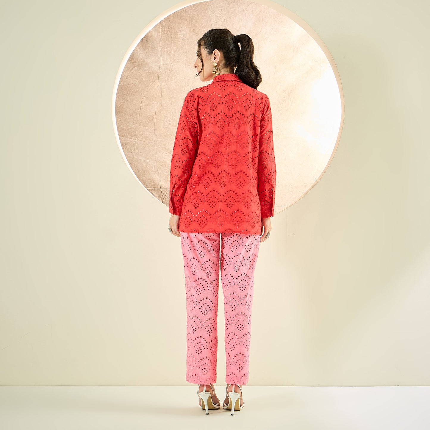 Red and Pink Eyelet Shirt and Pants Co-ord Set