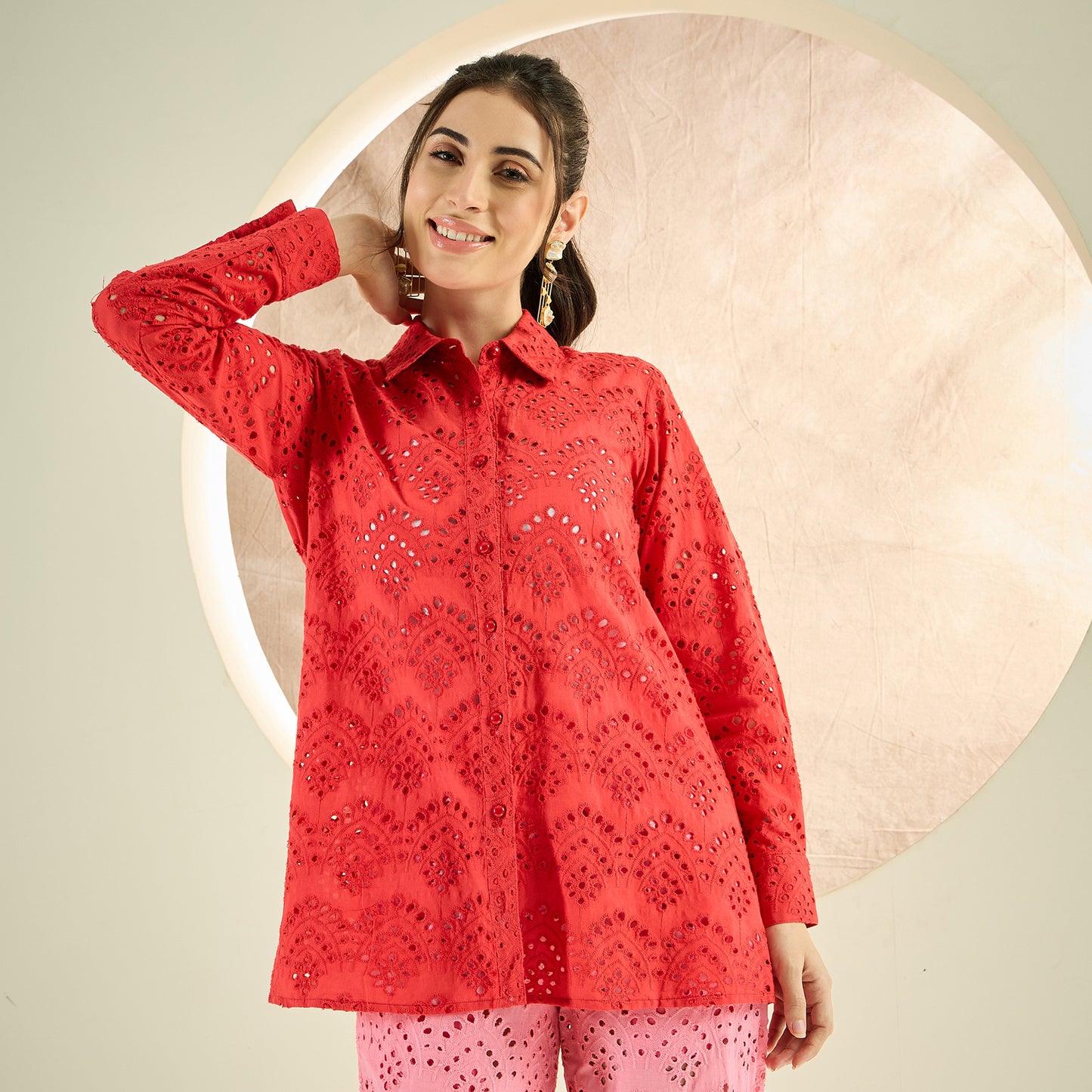 Red and Pink Eyelet Shirt and Pants Co-ord Set