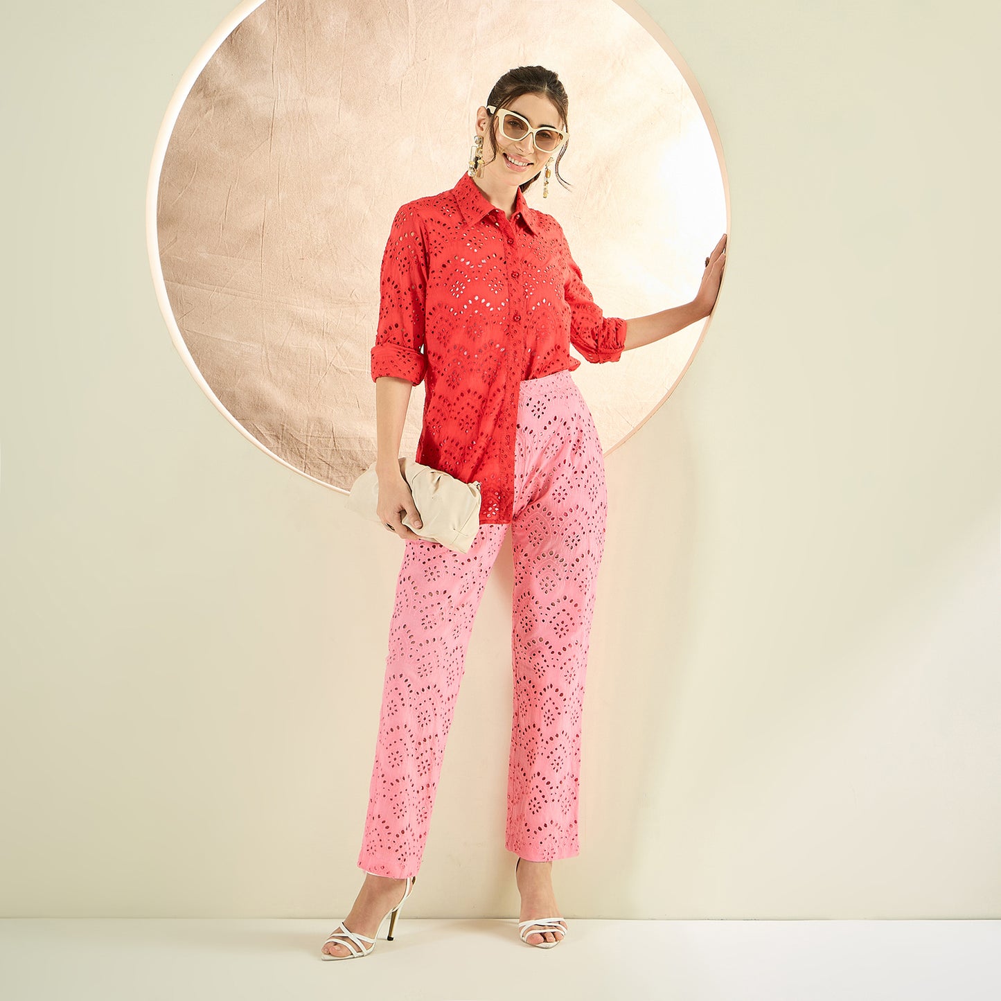 Red and Pink Eyelet Shirt and Pants Co-ord Set