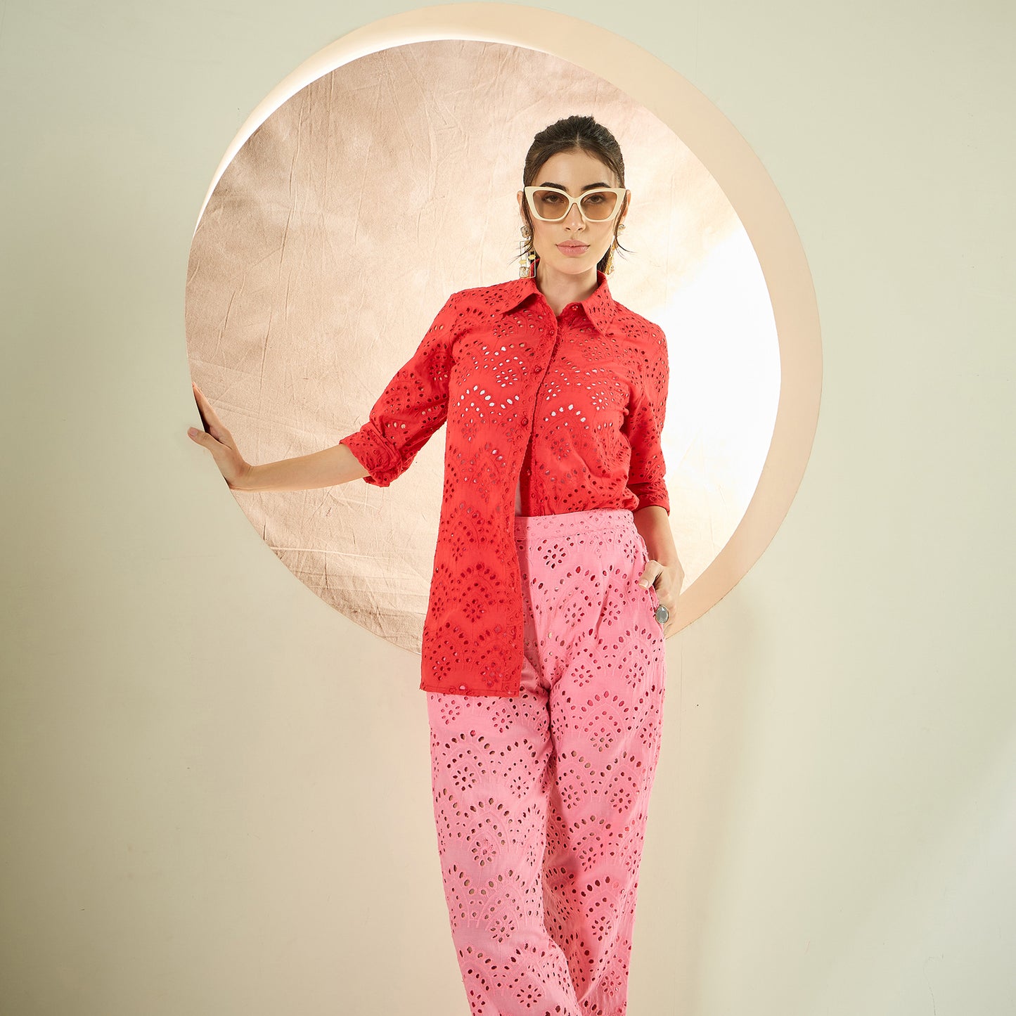 Red and Pink Eyelet Shirt and Pants Co-ord Set