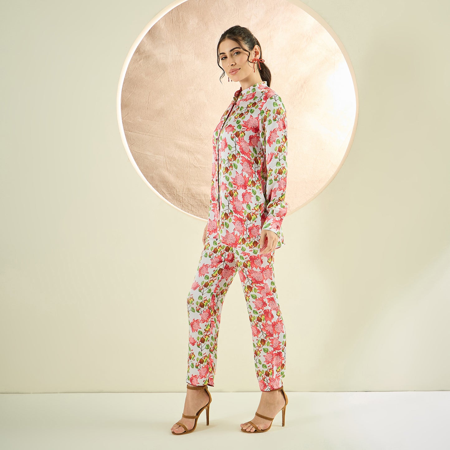 Coral and Green Floral Shirt and Pants Co-ord Set