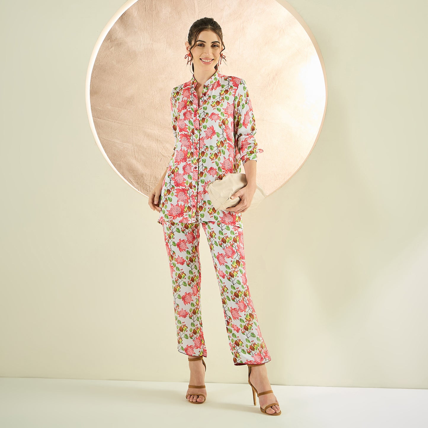 Coral and Green Floral Shirt and Pants Co-ord Set