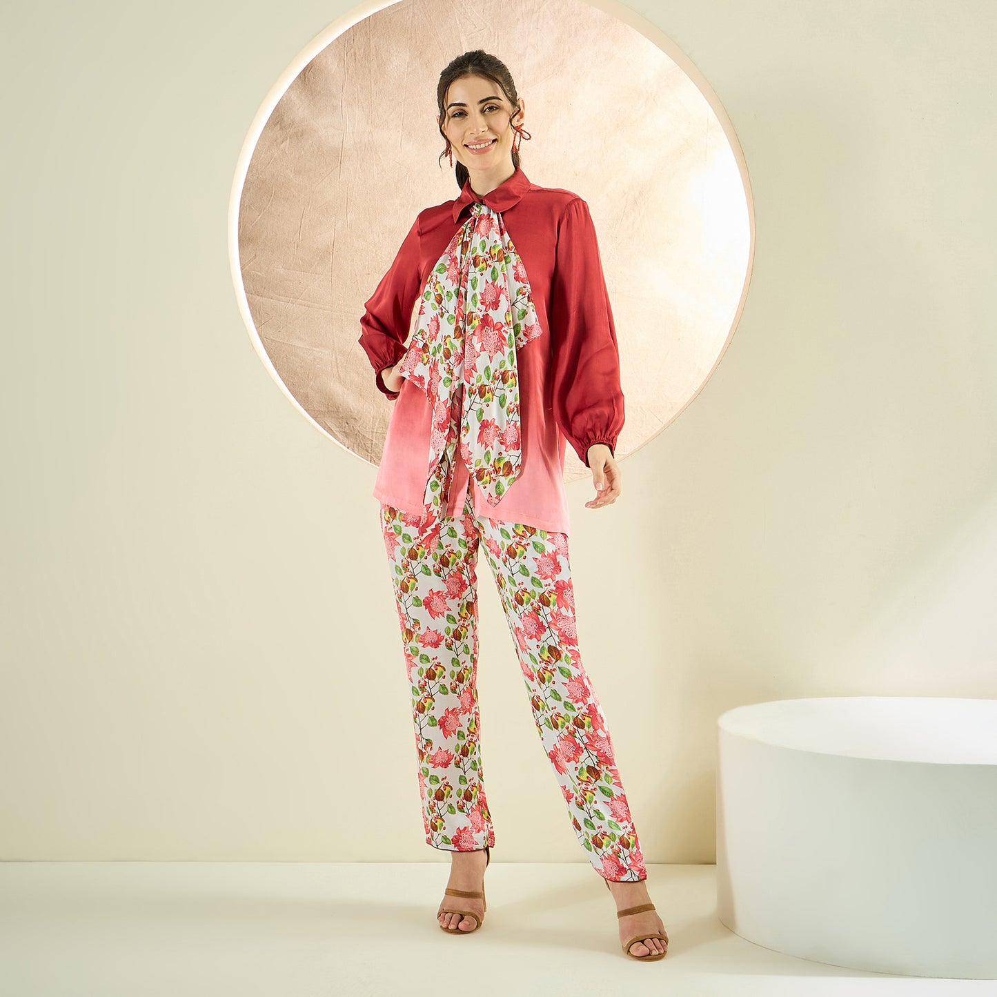 Rust Red Ombre Satin Shirt and Floral Pants Co-ord Set