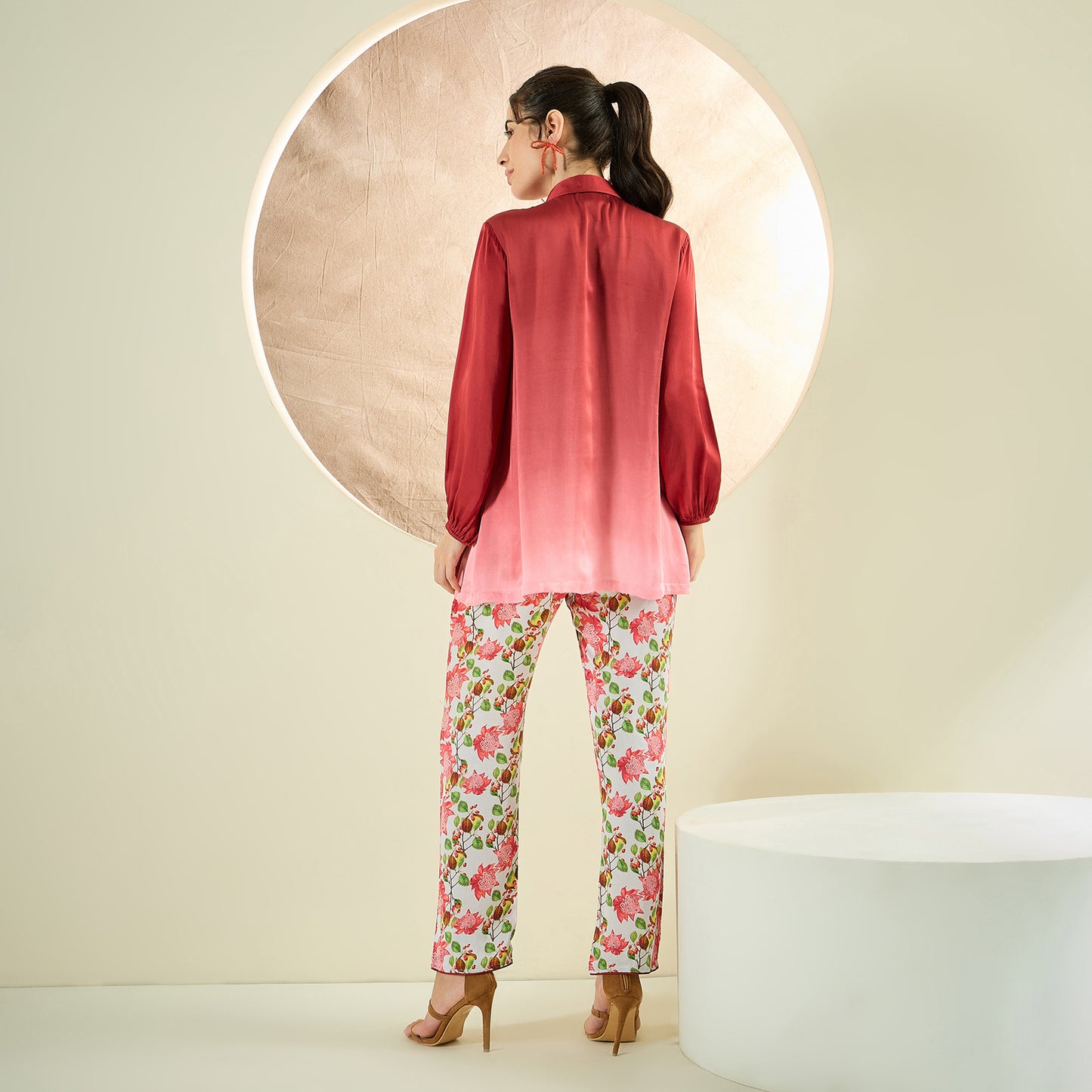 Rust Red Ombre Satin Shirt and Floral Pants Co-ord Set