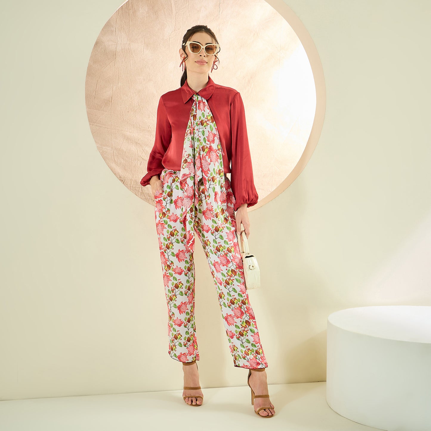 Rust Red Ombre Satin Shirt and Floral Pants Co-ord Set