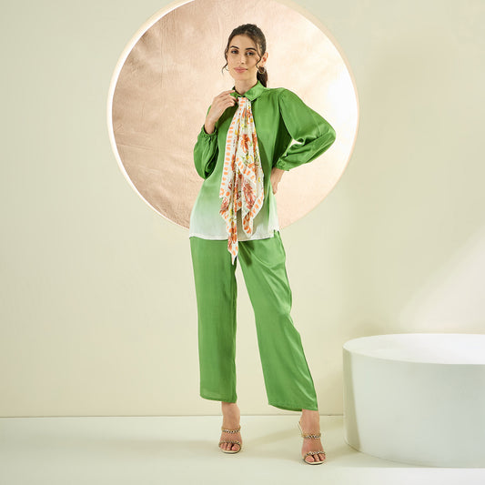 Avocado Green Ombre Satin Shirt and Pants Co-ord Set