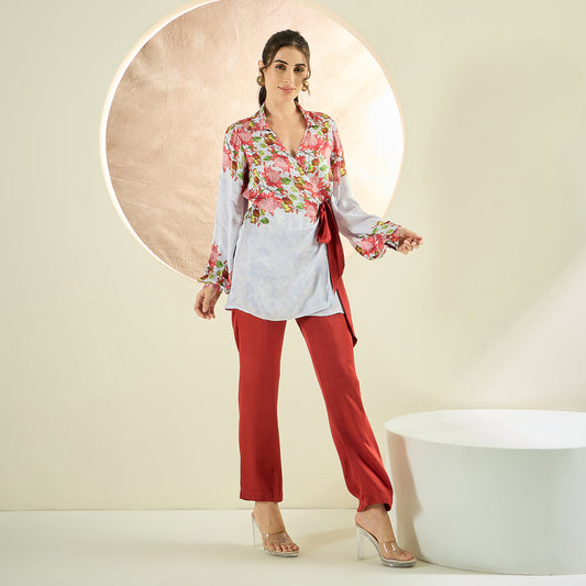 Rust Red and White Floral Wrap Top and Pants Set