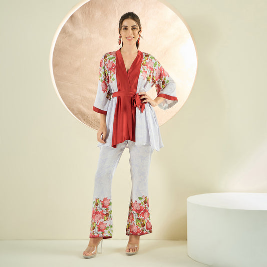 Rust Red and White Floral Kimono Top and Pants Set