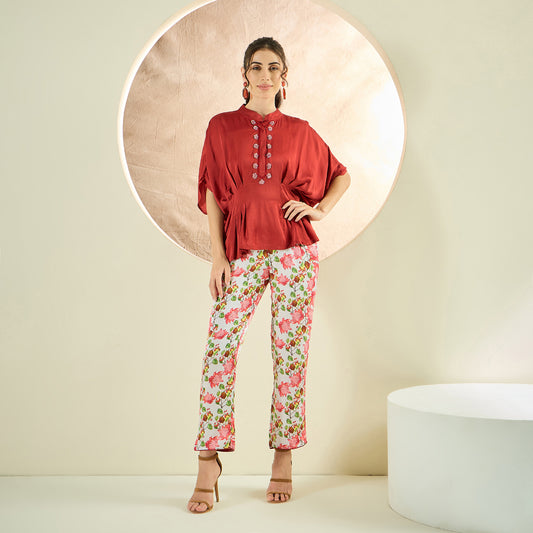 Rust Red Hand Embroidered Top and Floral Pants Set