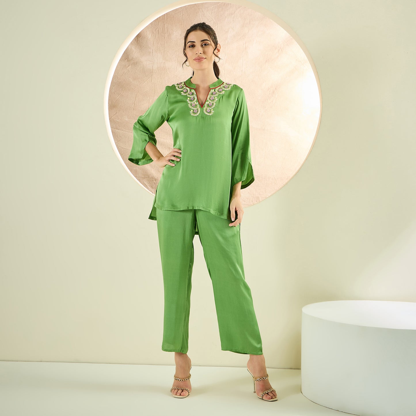 Avocado Green Hand Embroidered Short Tunic and Pant Co-ord Set