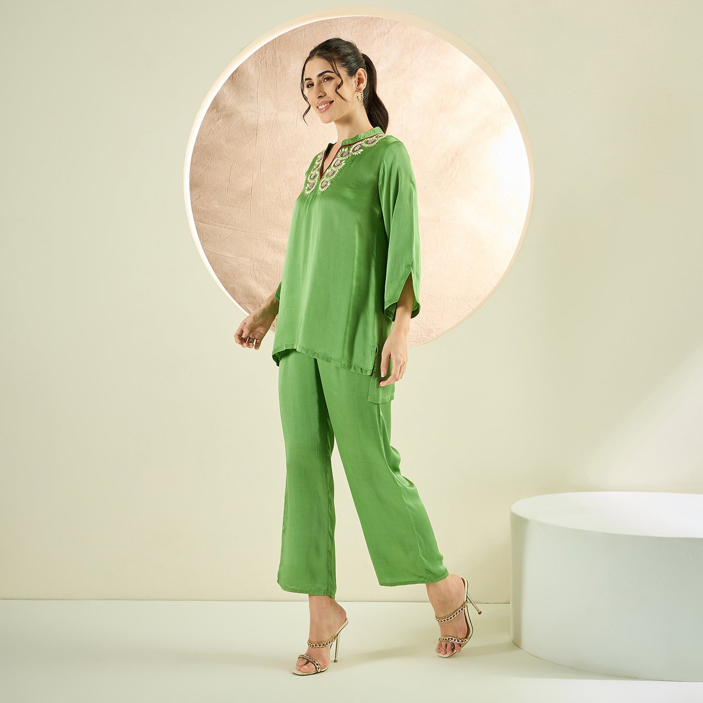 Avocado Green Hand Embroidered Short Tunic and Pant Co-ord Set