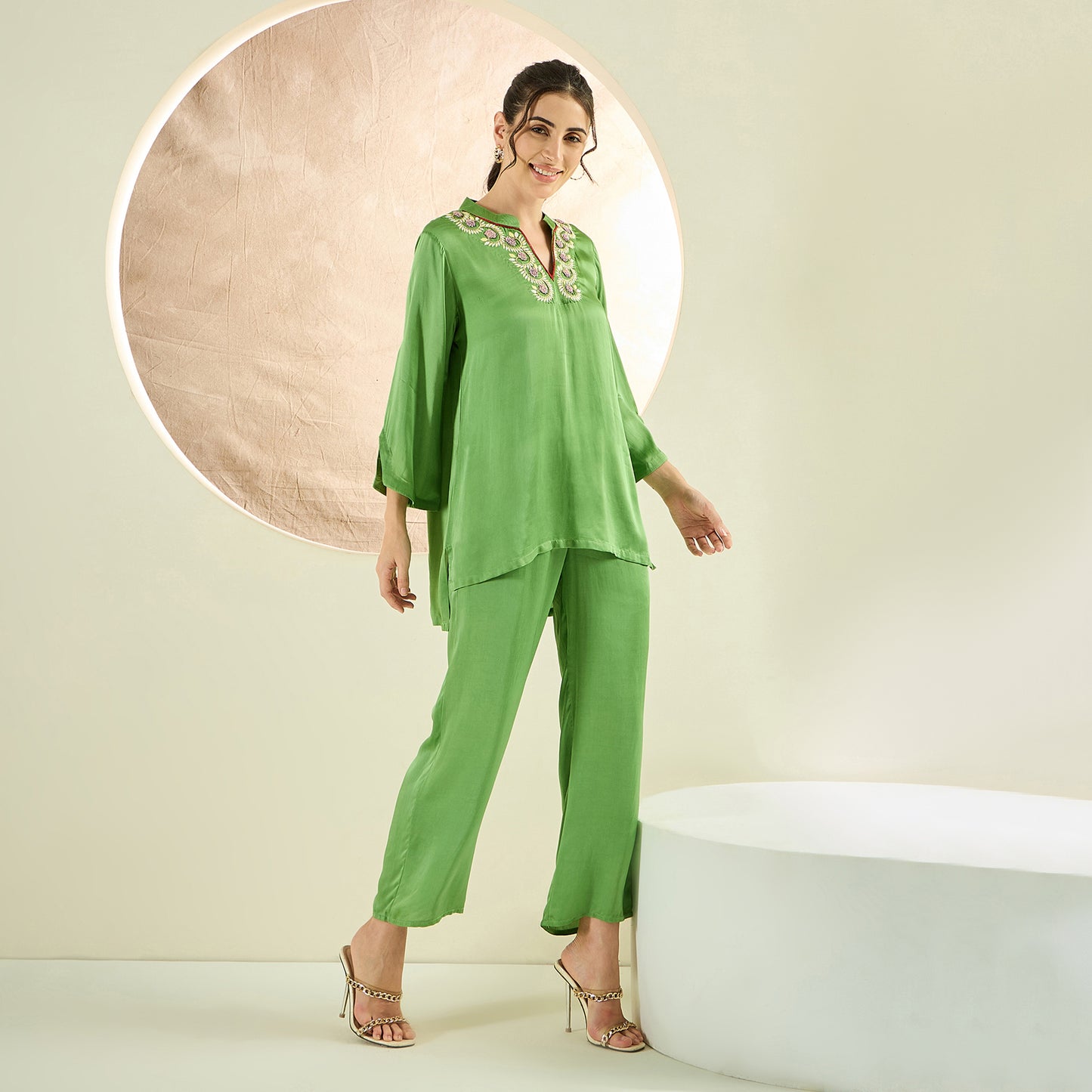 Avocado Green Hand Embroidered Short Tunic and Pant Co-ord Set