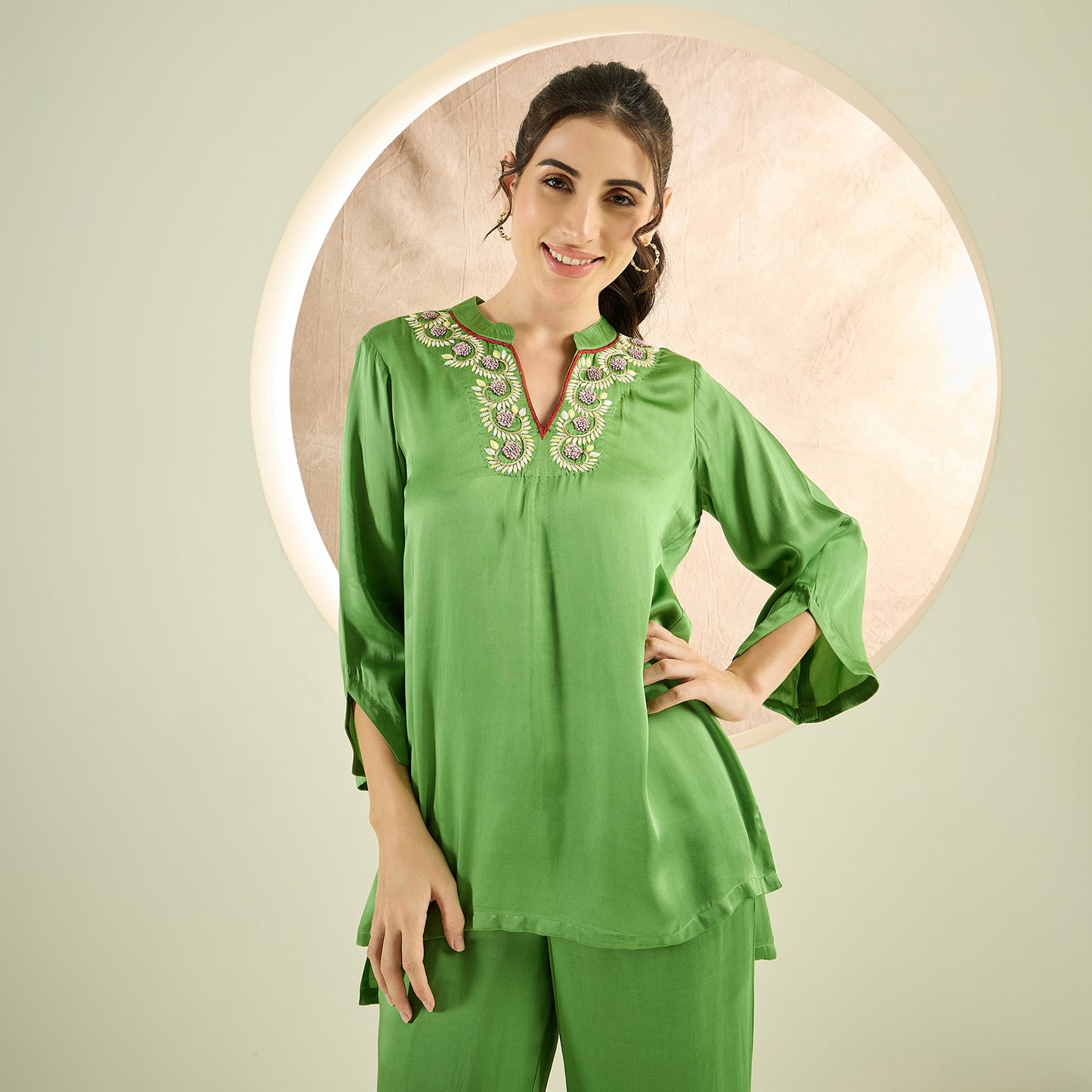 Avocado Green Hand Embroidered Short Tunic and Pant Co-ord Set