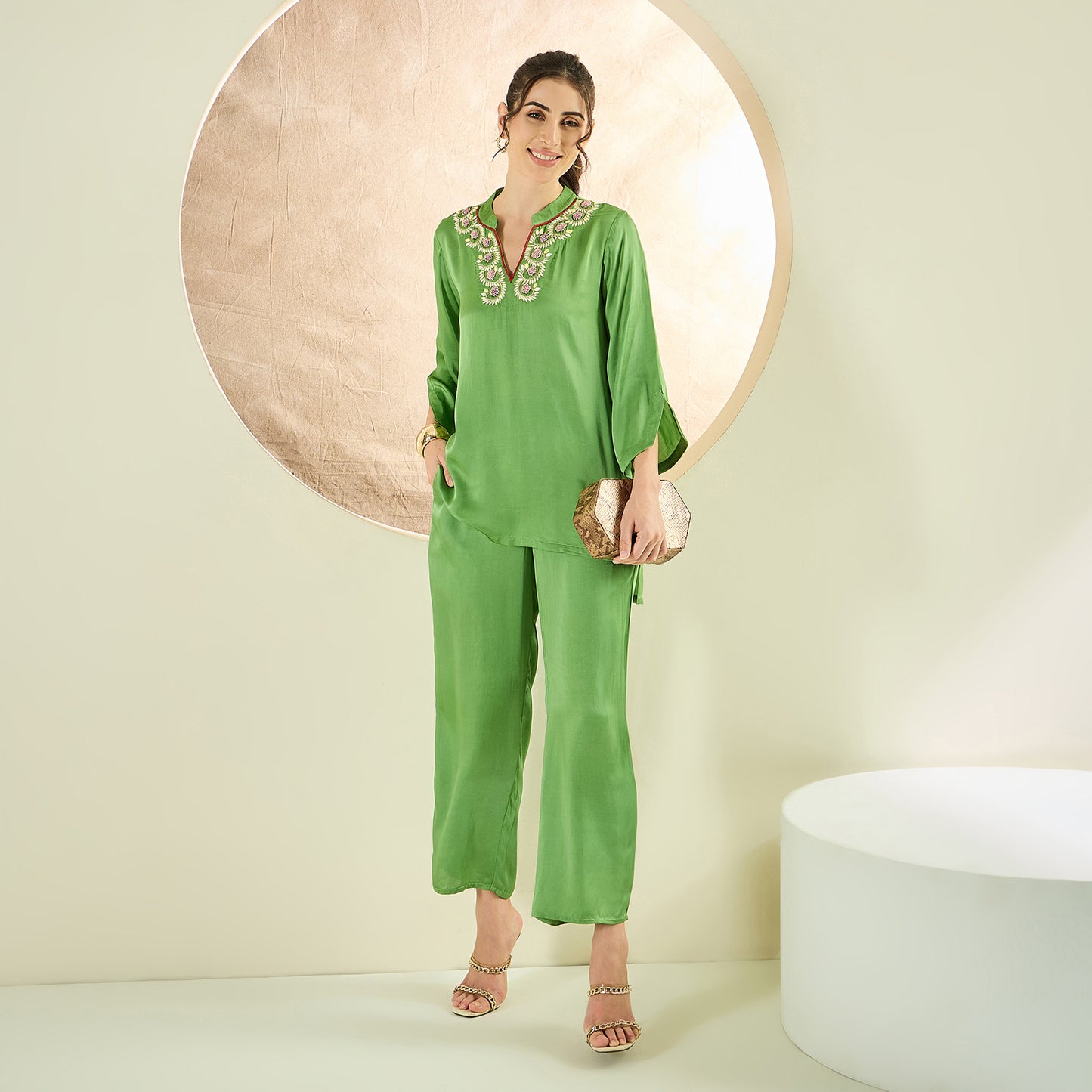 Avocado Green Hand Embroidered Short Tunic and Pant Co-ord Set