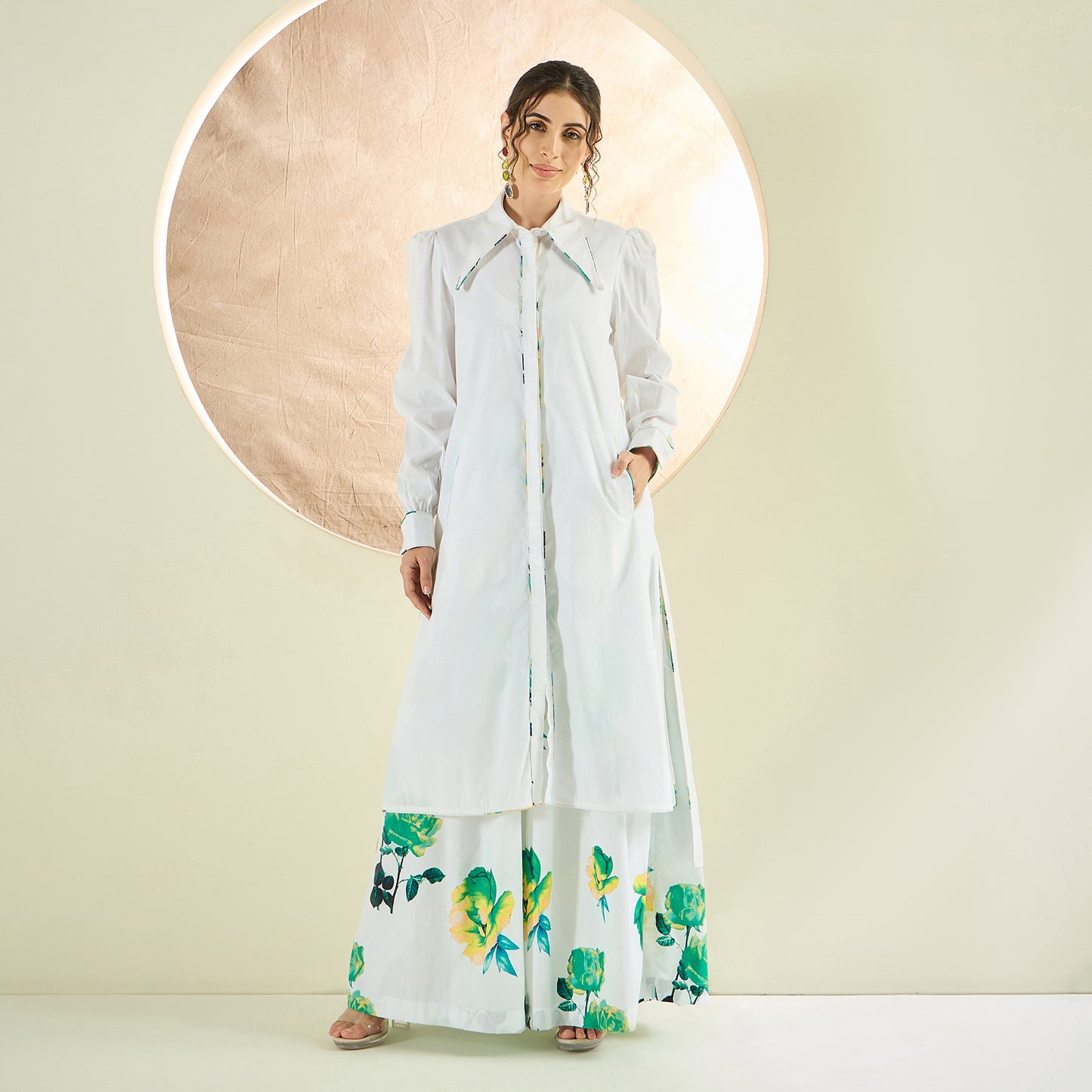 White and Green Long Cotton Jacket and Floral Wide Leg Pants Set