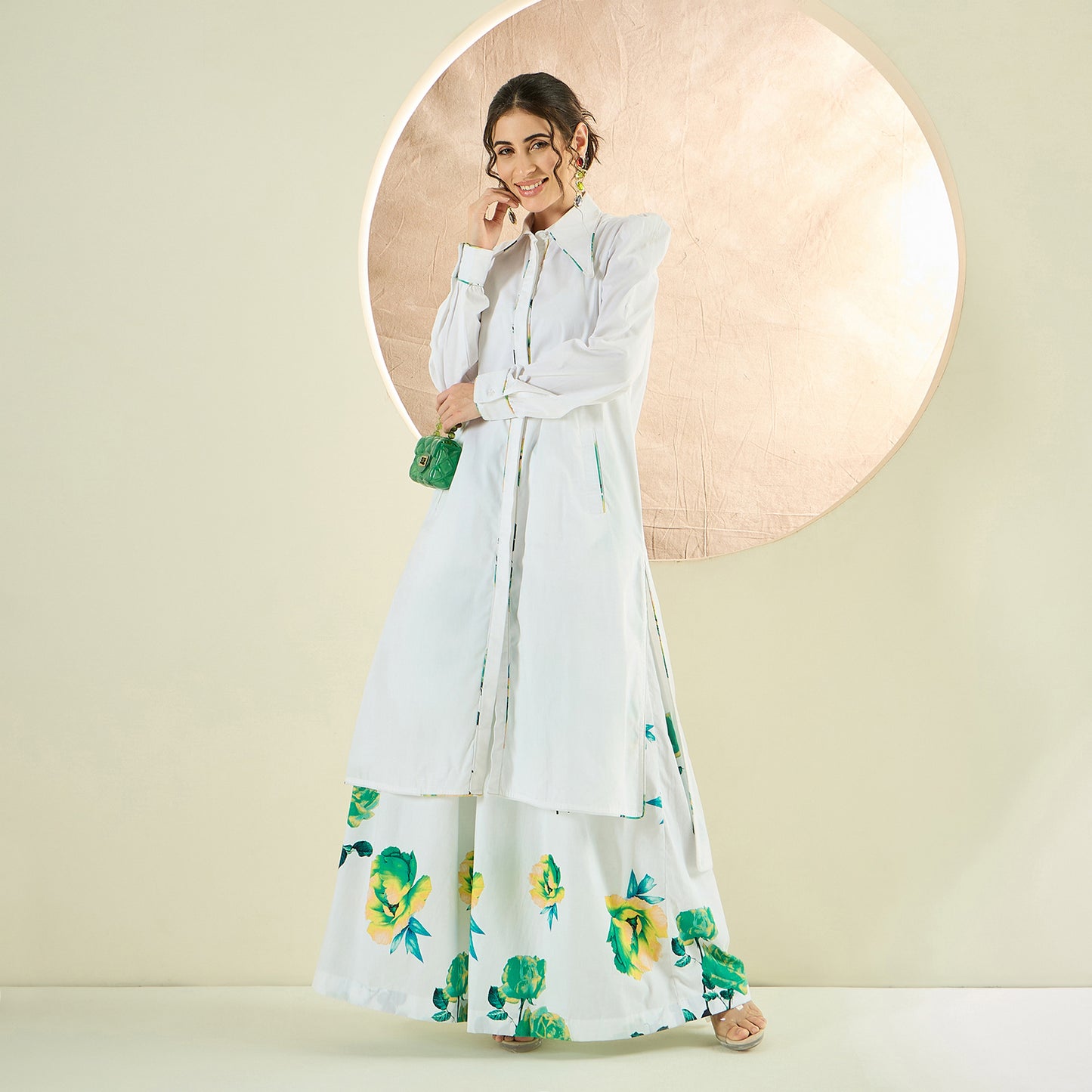 White and Green Long Cotton Jacket and Floral Wide Leg Pants Set