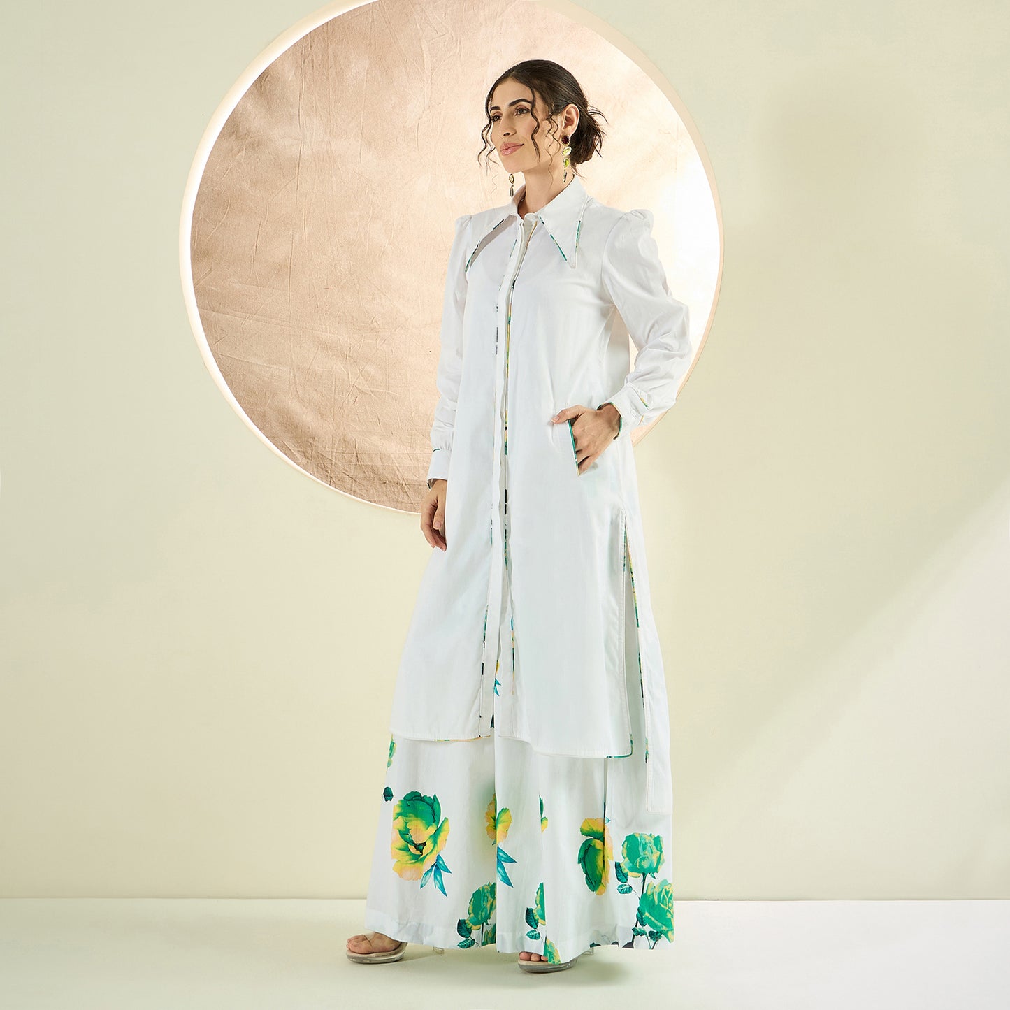 White and Green Long Cotton Jacket and Floral Wide Leg Pants Set