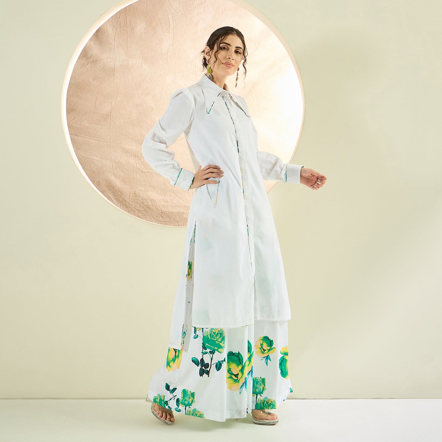 White and Green Long Cotton Jacket and Floral Wide Leg Pants Set