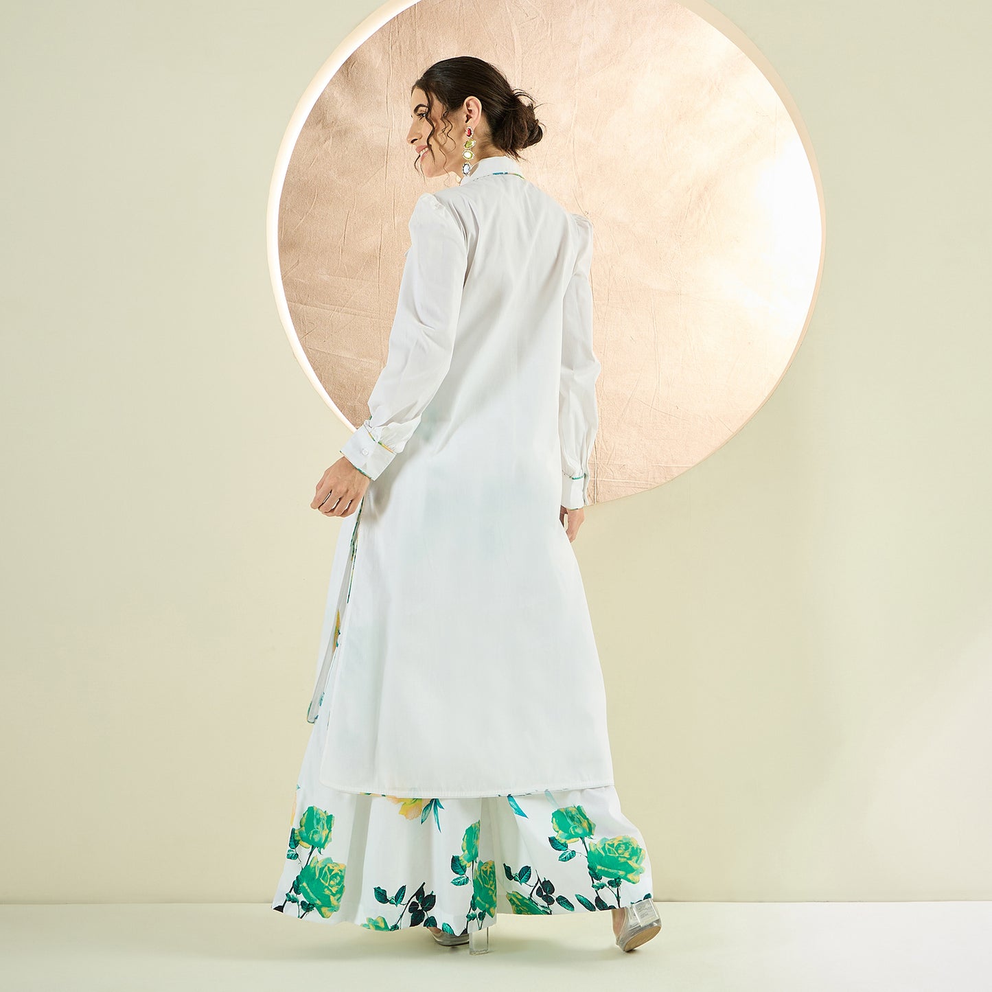 White and Green Long Cotton Jacket and Floral Wide Leg Pants Set