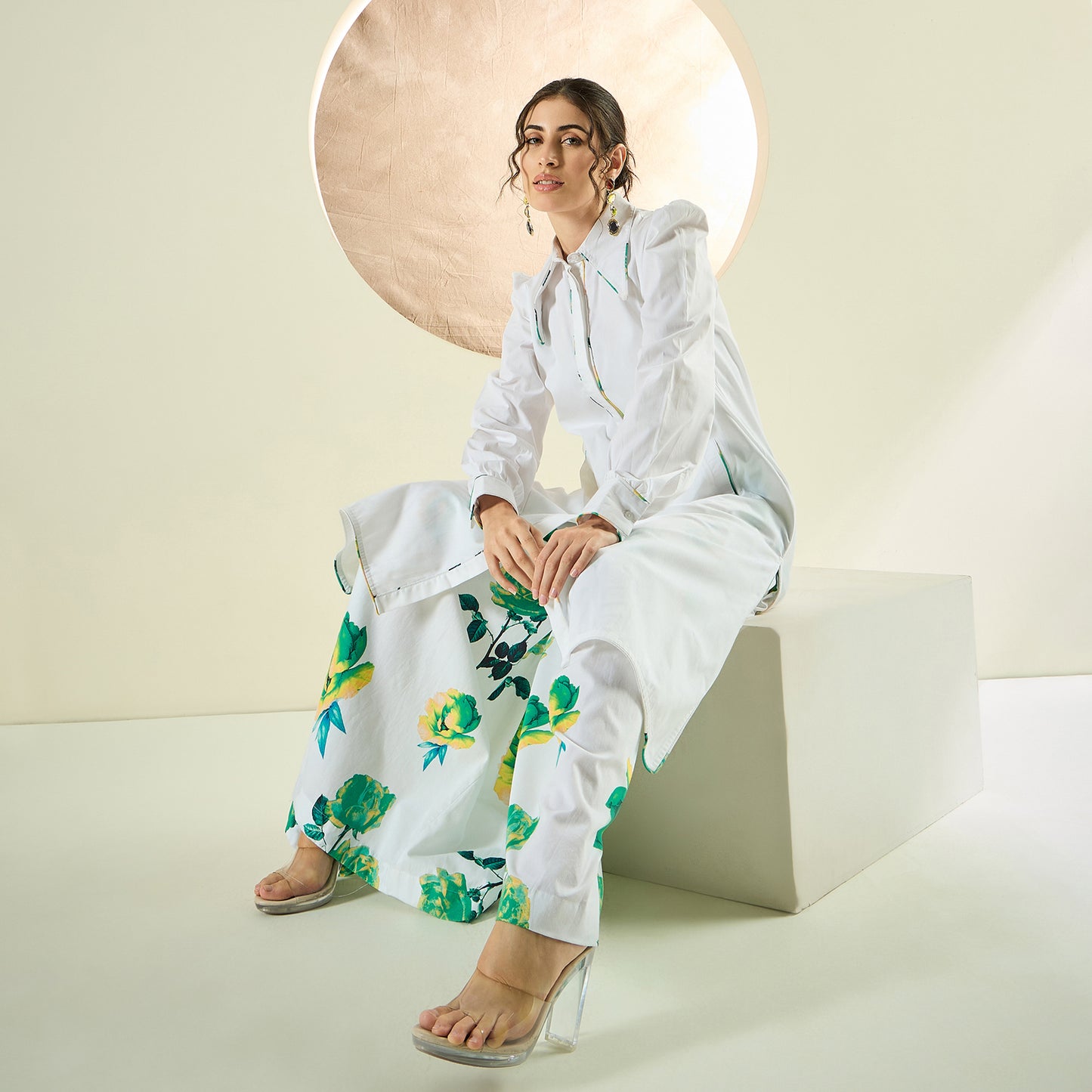 White and Green Long Cotton Jacket and Floral Wide Leg Pants Set