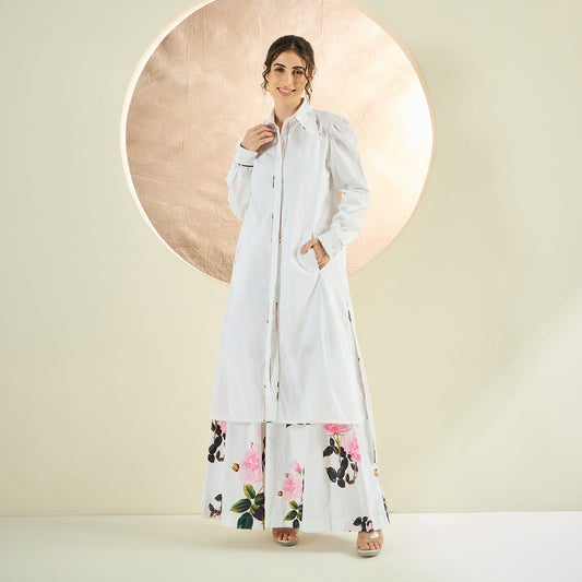 White and Pink Long Cotton Jacket and Floral Wide Leg Pants Set