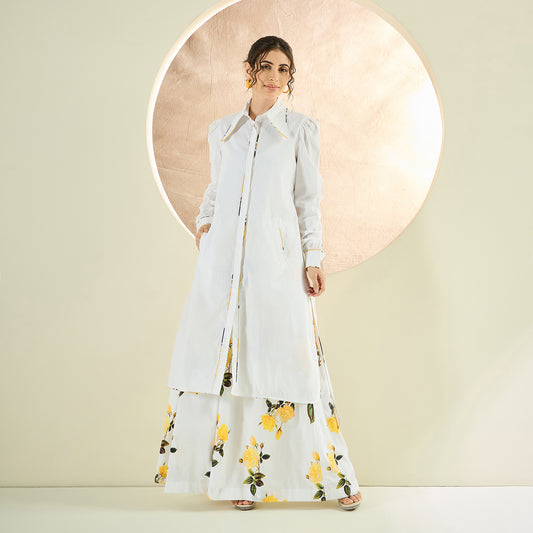 White and Yellow Long Cotton Jacket and Floral Wide Leg Pants Set