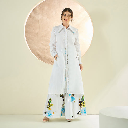 White and Light Blue Long Cotton Jacket and Floral Wide Leg Pants Set