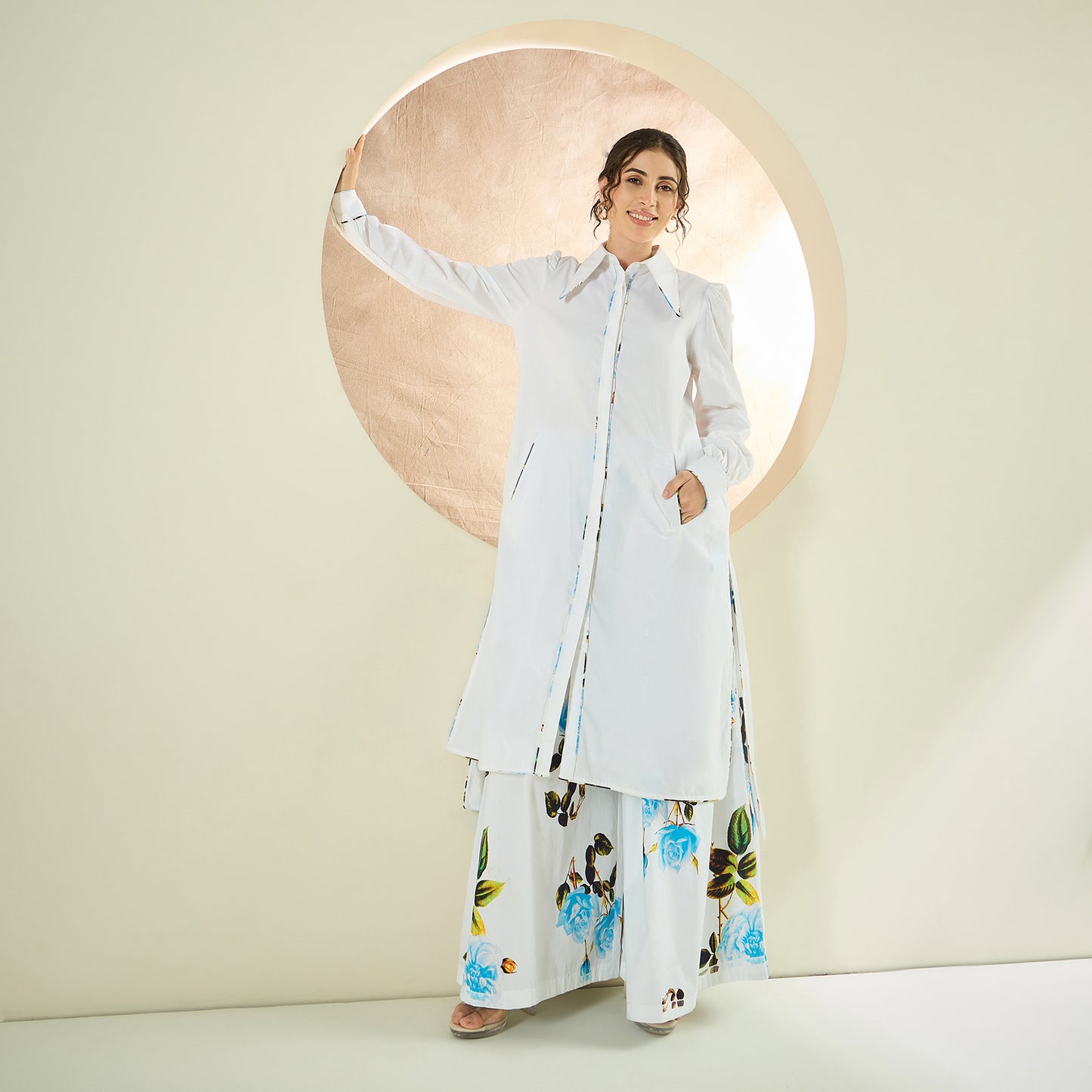 White and Light Blue Long Cotton Jacket and Floral Wide Leg Pants Set