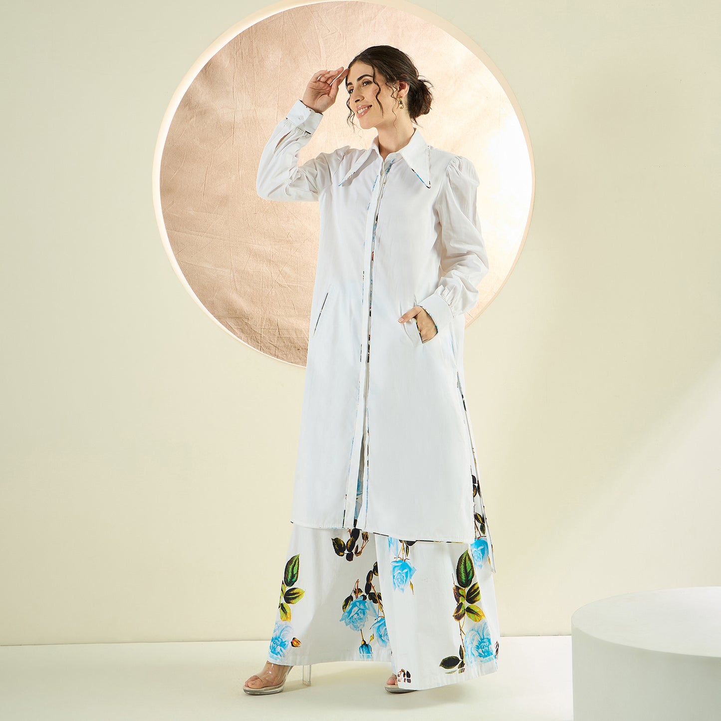 White and Light Blue Long Cotton Jacket and Floral Wide Leg Pants Set