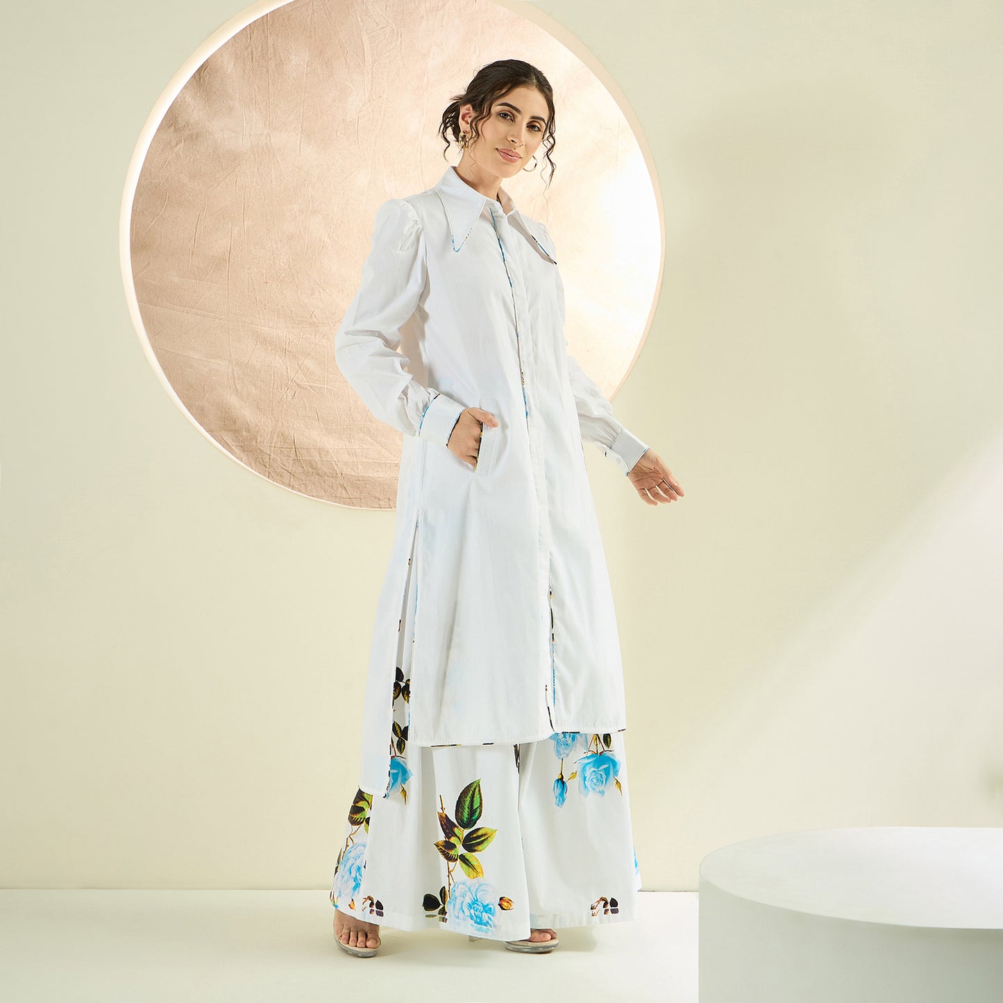 White and Light Blue Long Cotton Jacket and Floral Wide Leg Pants Set