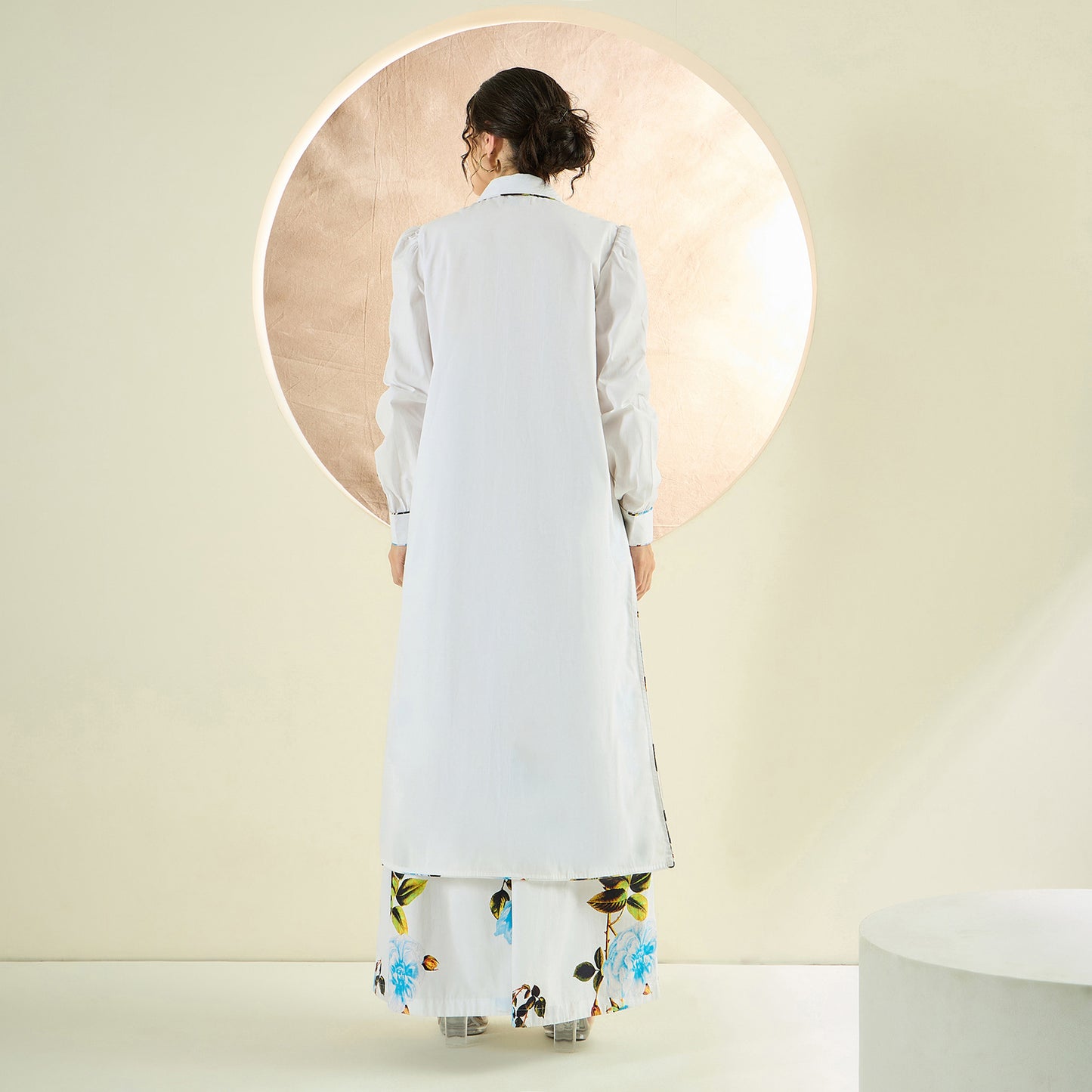 White and Light Blue Long Cotton Jacket and Floral Wide Leg Pants Set